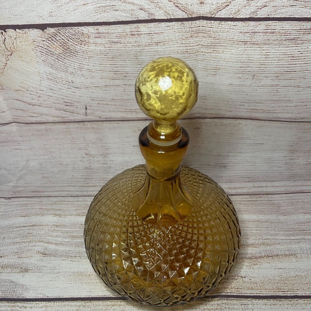 Vintage Diamond Point Pattern Empoli Amber Glass Captains Decanter Italy 8.5” - Picture 2 of 5
